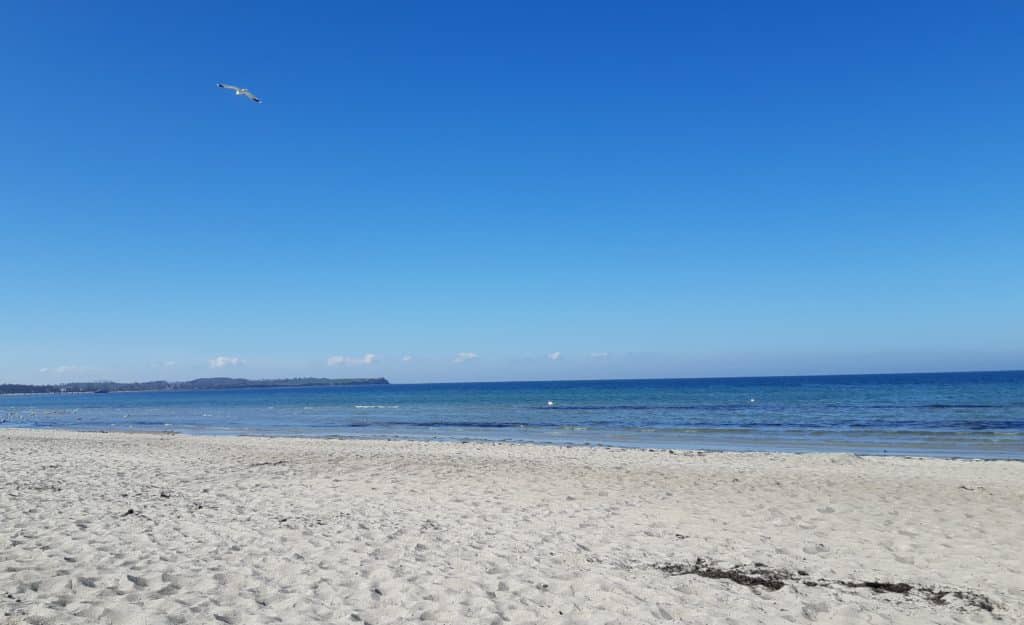 Strand und Meer – Hubertus Boltenhagen Klarer blauer Himmel über einem ruhigen Sandstrand mit sanften Wellen.