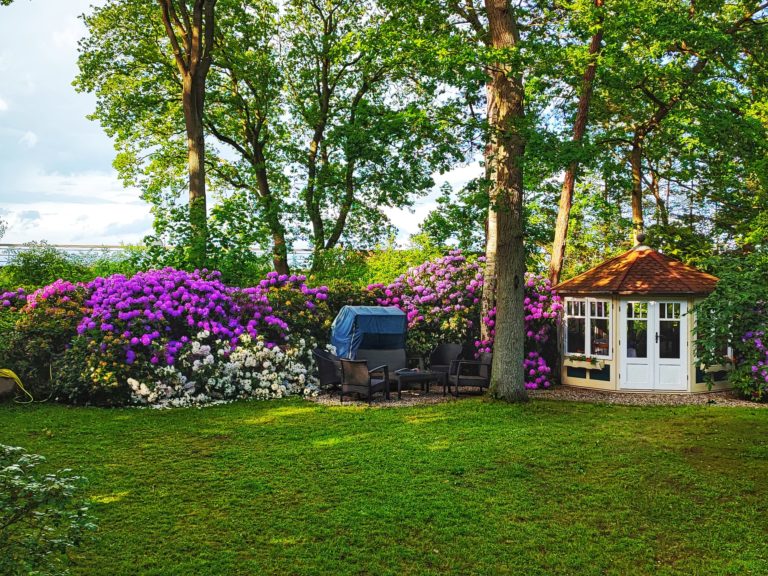 IMG-20220528-WA0004 – Hubertus Boltenhagen Garden with flowering shrubs, trees and a small garden house.