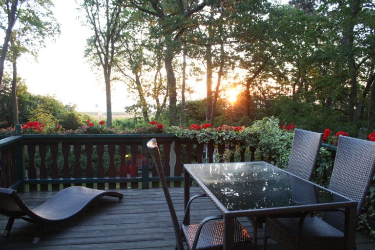 IMG_3612 – Hubertus Boltenhagen Terrace with glass table at sunset, surrounded by trees and flowers.