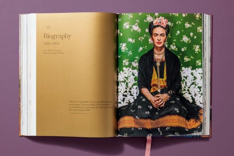 Frida Kahlo book – Hubertus Boltenhagen Open book with portrait of a woman against a green background with flowers.