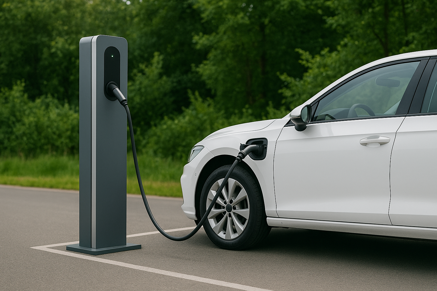 Charging station for electric vehicles next to a white car in a parking lot, surrounded by green countryside.