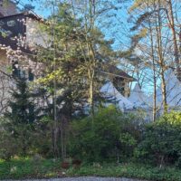 IMG-20260428-WA0008 – Hubertus Boltenhagen Strandvilla umgeben von Bäumen und blühenden Pflanzen, mit einem Zelt im Hintergrund.